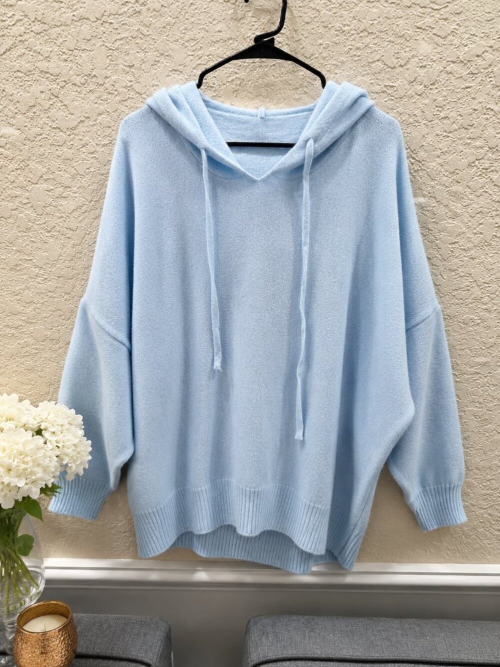 Light Blue Oversized Hooded Knit Sweater Size M Batwing Dolman Pullover